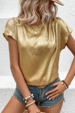 Gold Glossy Round Neck Pleated Detail Short Sleeve Blouse