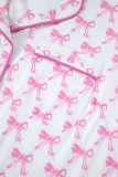 Pink Bowknot Printed Short Sleeve and Ruffled Shorts Pajama Set