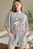 Gray USA Flag Bow Print Half Sleeve Tee and High Waist Shorts Set