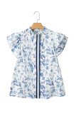 Sky Blue Floral Print Ruffled Short Sleeve Blouse