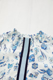 Sky Blue Floral Print Ruffled Short Sleeve Blouse