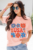 Pink Shimmer Flower USA Letter Printed Casual T Shirt