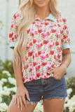 Red Floral Print Striped Patchwork Collared Short Sleeve Blouse