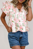 Pink Floral Print Striped Contrast Tiered Ruffled Sleeve V Neck Blouse