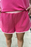 Rose Red 3D Spiral Ribbed Texture 2 Tones Patchwork Short Set