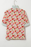 Red Floral Print Striped Patchwork Collared Short Sleeve Blouse
