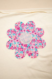 Apricot Flower Patched Exposed Stitching Trim Crew Neck Loose Tee