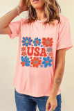 Pink Shimmer Flower USA Letter Printed Casual T Shirt