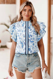 Sky Blue Floral Print Ruffled Short Sleeve Blouse