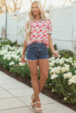 Red Floral Print Striped Patchwork Collared Short Sleeve Blouse