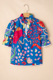 Blue Abstract Print Frilled Collar Ruffled Puff Short Sleeve Top