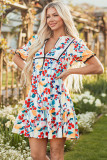 Green Floral Print Zipper Ruffled Short Sleeve High Waist Mini Dress