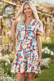 Green Floral Print Zipper Ruffled Short Sleeve High Waist Mini Dress