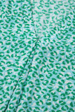 Green Notched V Neck Leopard Ruffle Short Sleeve Blouse