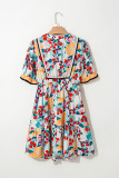 Green Floral Print Zipper Ruffled Short Sleeve High Waist Mini Dress