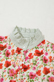 Red Floral Print Striped Patchwork Collared Short Sleeve Blouse