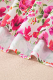 Red Floral Print Striped Patchwork Collared Short Sleeve Blouse