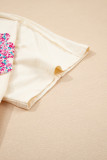Apricot Flower Patched Exposed Stitching Trim Crew Neck Loose Tee