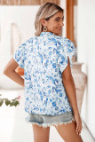 Sky Blue Floral Print Ruffled Short Sleeve Blouse