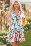 Green Floral Print Zipper Ruffled Short Sleeve High Waist Mini Dress