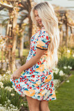 Green Floral Print Zipper Ruffled Short Sleeve High Waist Mini Dress