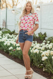 Red Floral Print Striped Patchwork Collared Short Sleeve Blouse