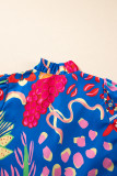 Blue Abstract Print Frilled Collar Ruffled Puff Short Sleeve Top