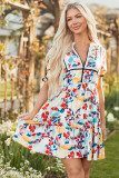 Green Floral Print Zipper Ruffled Short Sleeve High Waist Mini Dress