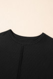 Black Solid Color Corded Short Sleeve Top and Casual Pants Set