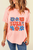 Pink Shimmer Flower USA Letter Printed Casual T Shirt