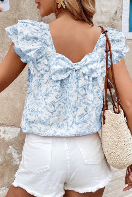 Sky Blue Floral Ruffled Short Sleeve Bow Back Square Neck Blouse