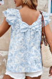 Sky Blue Floral Ruffled Short Sleeve Bow Back Square Neck Blouse