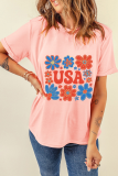 Pink Shimmer Flower USA Letter Printed Casual T Shirt