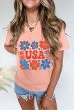 Pink Shimmer Flower USA Letter Printed Casual T Shirt
