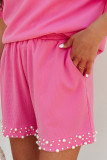 Bright Pink Textured Pearled Ruffle Sleeve Top 2 Piece Shorts Set