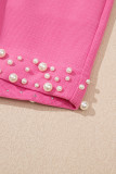 Bright Pink Textured Pearled Ruffle Sleeve Top 2 Piece Shorts Set