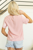 Apricot Pink Leopard Jacquard Patchwork Crisscross V Neck Short Sleeve Blouse