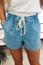 Beau Blue Contrast Drawstring Elastic Waist Denim Shorts