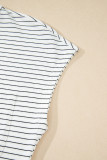 White Stripe Cap Sleeve Crew Neck Casual Tee with Chest Pocket