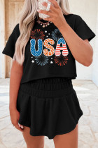 Black Firework USA Graphic Tee and Smocked Waistband Skort Set
