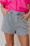 Dusk Blue Scalloped Hemline Acid Wash High Waist Denim Shorts