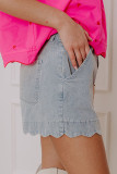 Dusk Blue Scalloped Hemline Acid Wash High Waist Denim Shorts