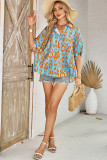 Sky Blue Abstract Print Dolman Short Sleeve Western Loose Shirt