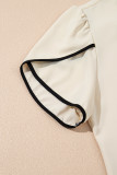 White Bow Knot Neckline Contrast Stripe Short Sleeve Blouse
