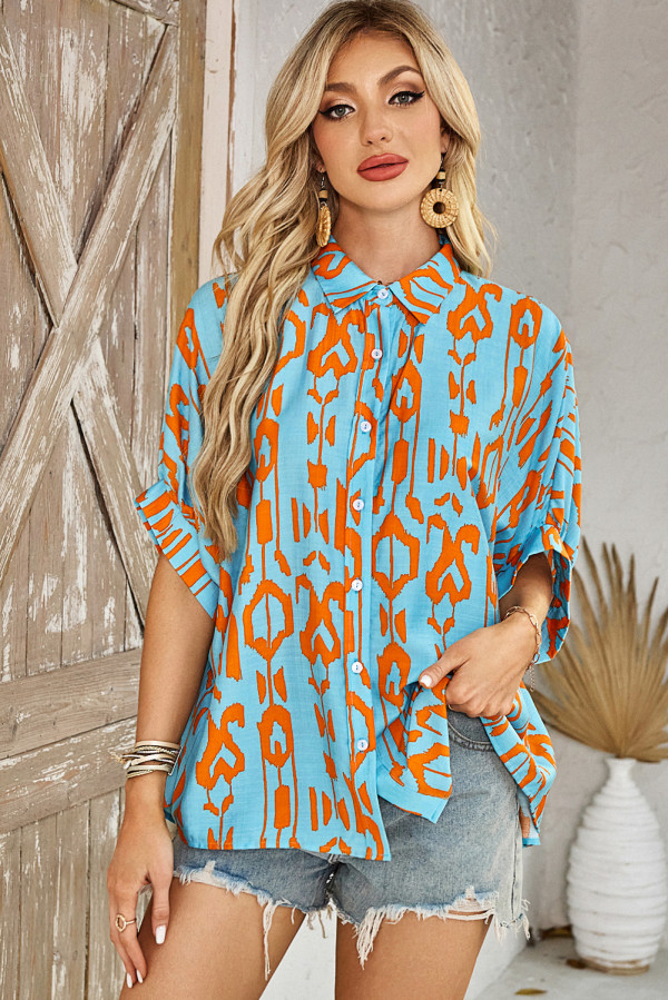 Sky Blue Abstract Print Dolman Short Sleeve Western Loose Shirt