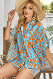 Sky Blue Abstract Print Dolman Short Sleeve Western Loose Shirt