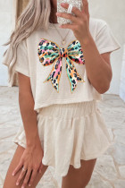 Beige Bold Leopard Bow Print Loose Tee and Skort 2pcs Set