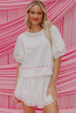 White Contrast Bow Trim Pearl Puff Sleeve Blouse and Skort 2pcs Set