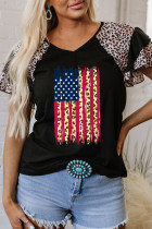 Black Leopard Patchwork Frayed USA Flag Print Ruffle Short Sleeve V Neck Tee