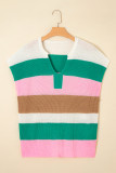 Multicolour Plus Size Striped Colorblock V Neck Short Sleeve Sweater